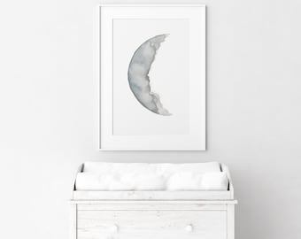Moon Art Print, Blue Wall Decor, Nursery Room Painting, Abstract Gifts Wall Art, Waning Waxing Crescent Moon Phase, Abstract Illustration