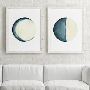 Moon Wall Art Print, Blue Moon Decor, Watercolor Painting set of 2 Prints, Modern Nursery Artwork, Minimalist Wall Poster, Living Room Art