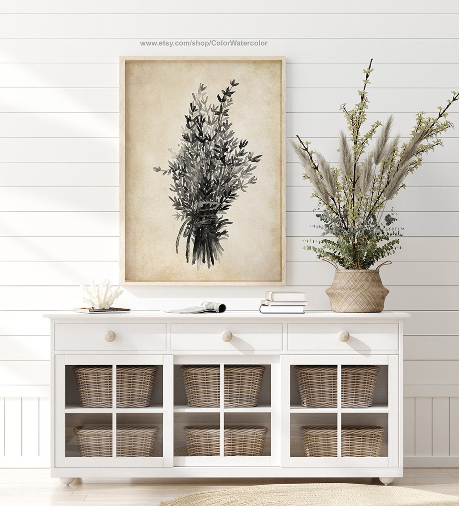 Thyme Painting Thyme Decor Thyme Kitchen Art Grey Botanical Etsy