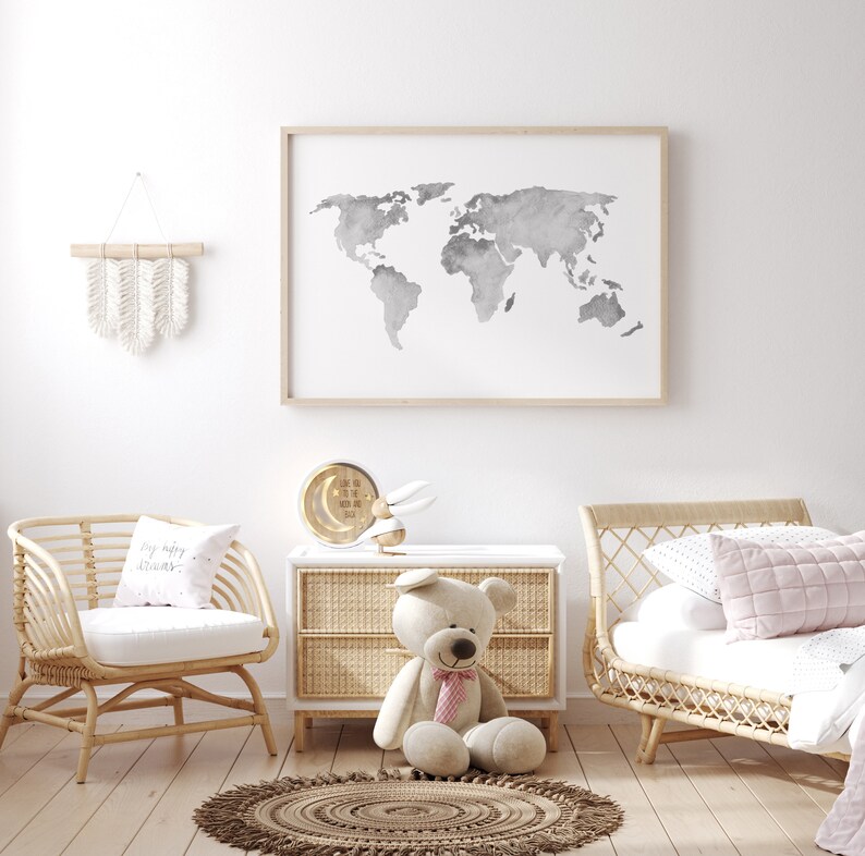 World Map Art, World Map Print, Gray Nursery Decor, Map Wall Decor ...