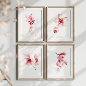 Cherry Blossom Art Print, Cherry Blossom Painting, Cherry Blossom Wall Art, Pink Cherry Blossom Flower set of 4 Prints Mothers DayPainting image 3