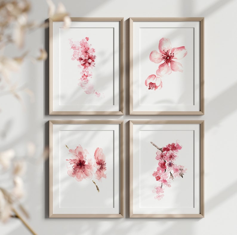 Cherry Blossom Art Print, Cherry Blossom Painting, Cherry Blossom Wall Art, Pink Cherry Blossom Flower set of 4 Prints Mothers DayPainting image 3