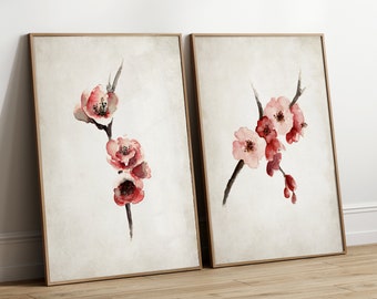 桜のプリント、日本の桜の木のウォールアート2枚セット、モダンな 