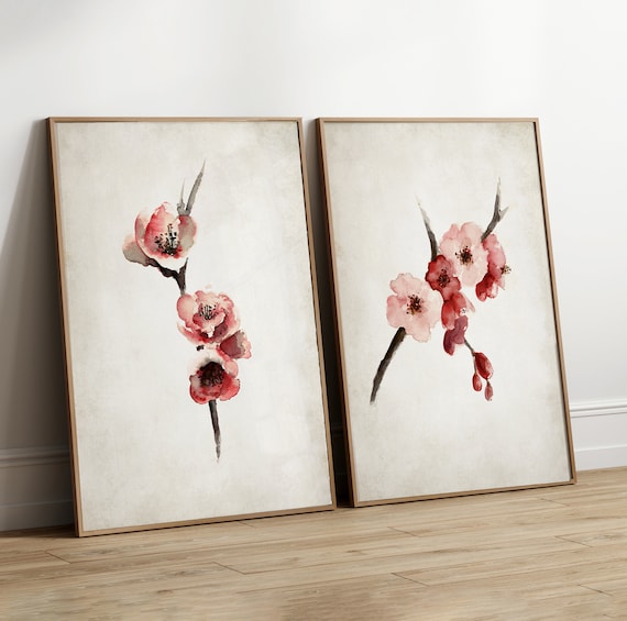 Cherry Blossom Print, Vintage Wall Art, Pink Home Decor, Cherry Blossom Painting, Living Room Wall Decor, set of 2 Rustic Prints, Modern Art