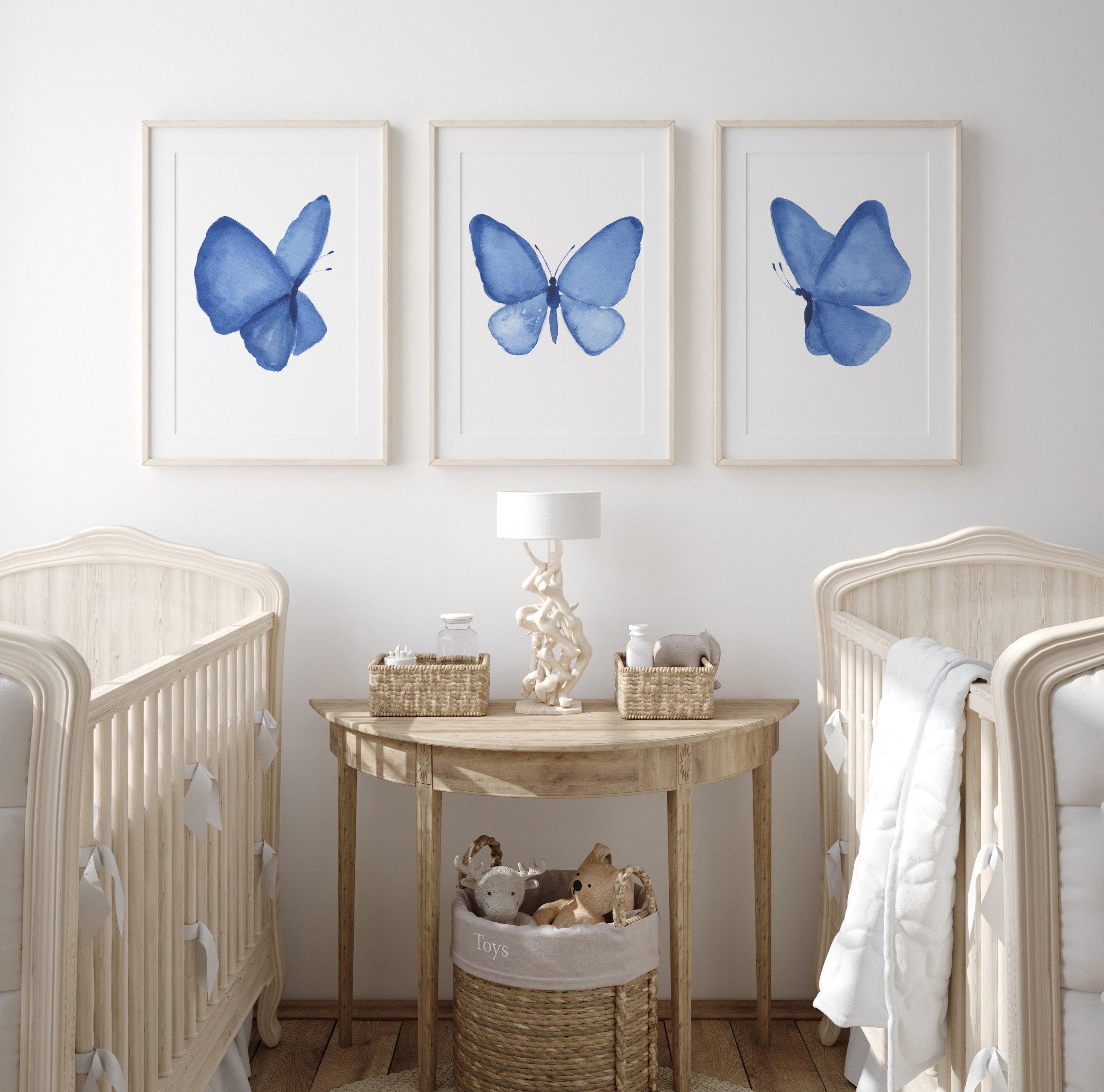 Butterfly Art Print, Sapphire Blue Nursery Art, Set of 3 Prints, Baby ...