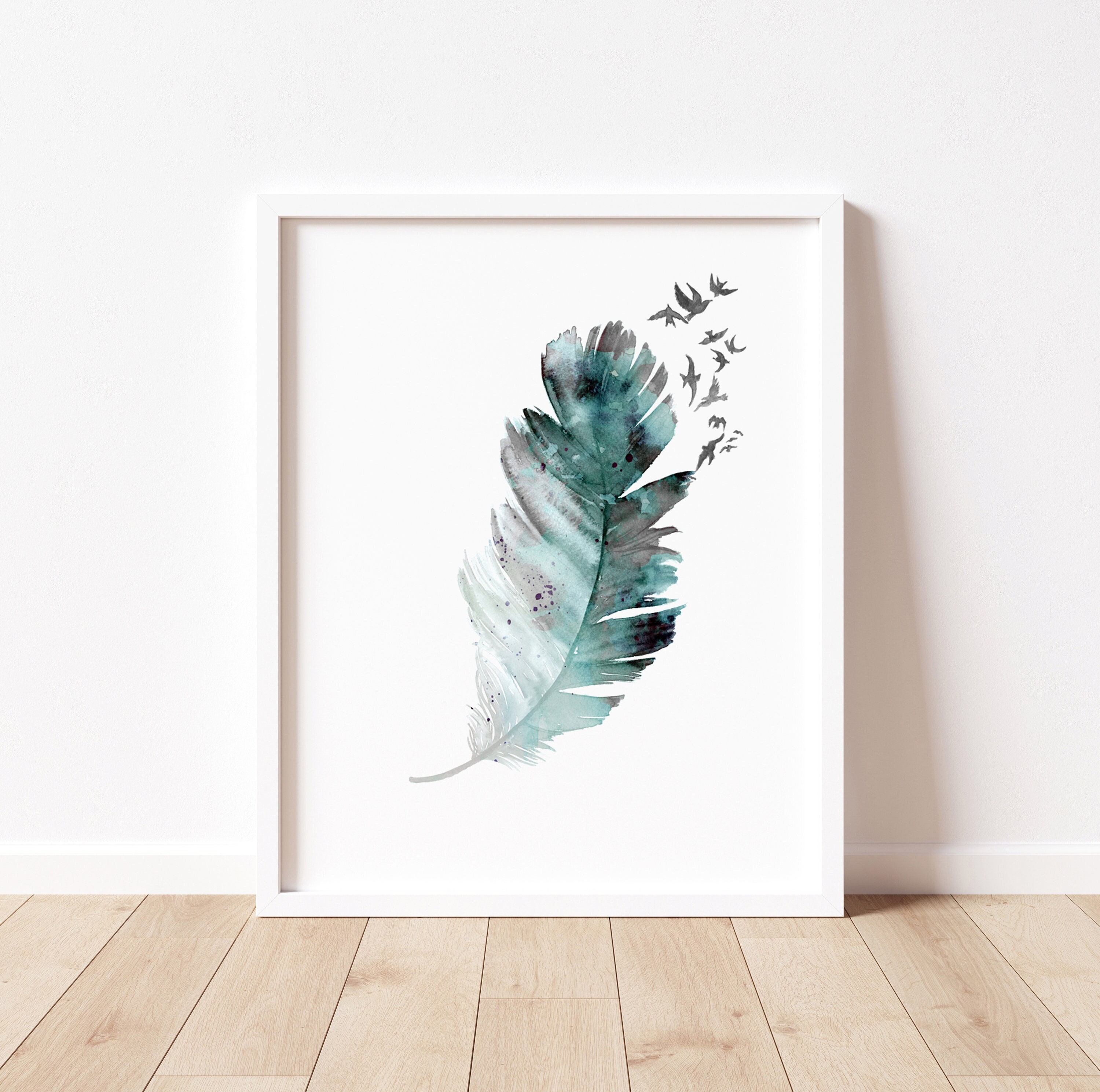 Feather Art Decor, Birds Flying, Feather With Birds, Abstract Print,  Feather Wall Art, Minimalist Watercolor, Feather Wall Decor 