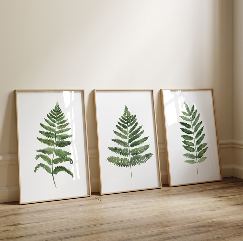 Fern Wall Art, Green Art Print, Fern Watercolor Painting, Leaf Botanical Art, Abstract Prints set of 3, Living Room Wall Decor image 4