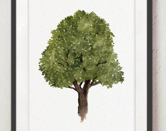 Art mural arbre, impression d'art tilleul, décoration d'intérieur verte, affiche de salon, aquarelle moderne, art botanique rustique, décoration vintage