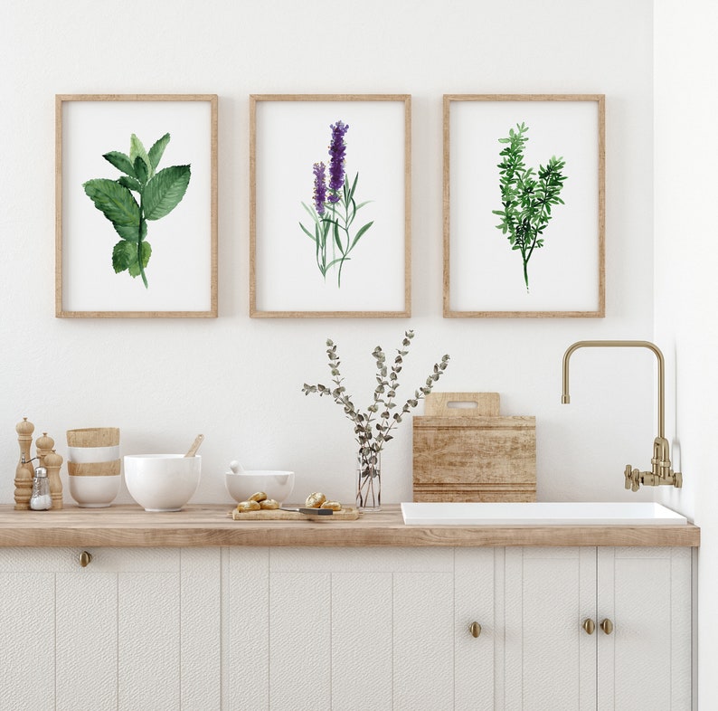 kitchen wall decor art prints - botanical prints -... Green Wall Art, Herbs Watercolor, Kitchen Poster, Lavender Botanical ...