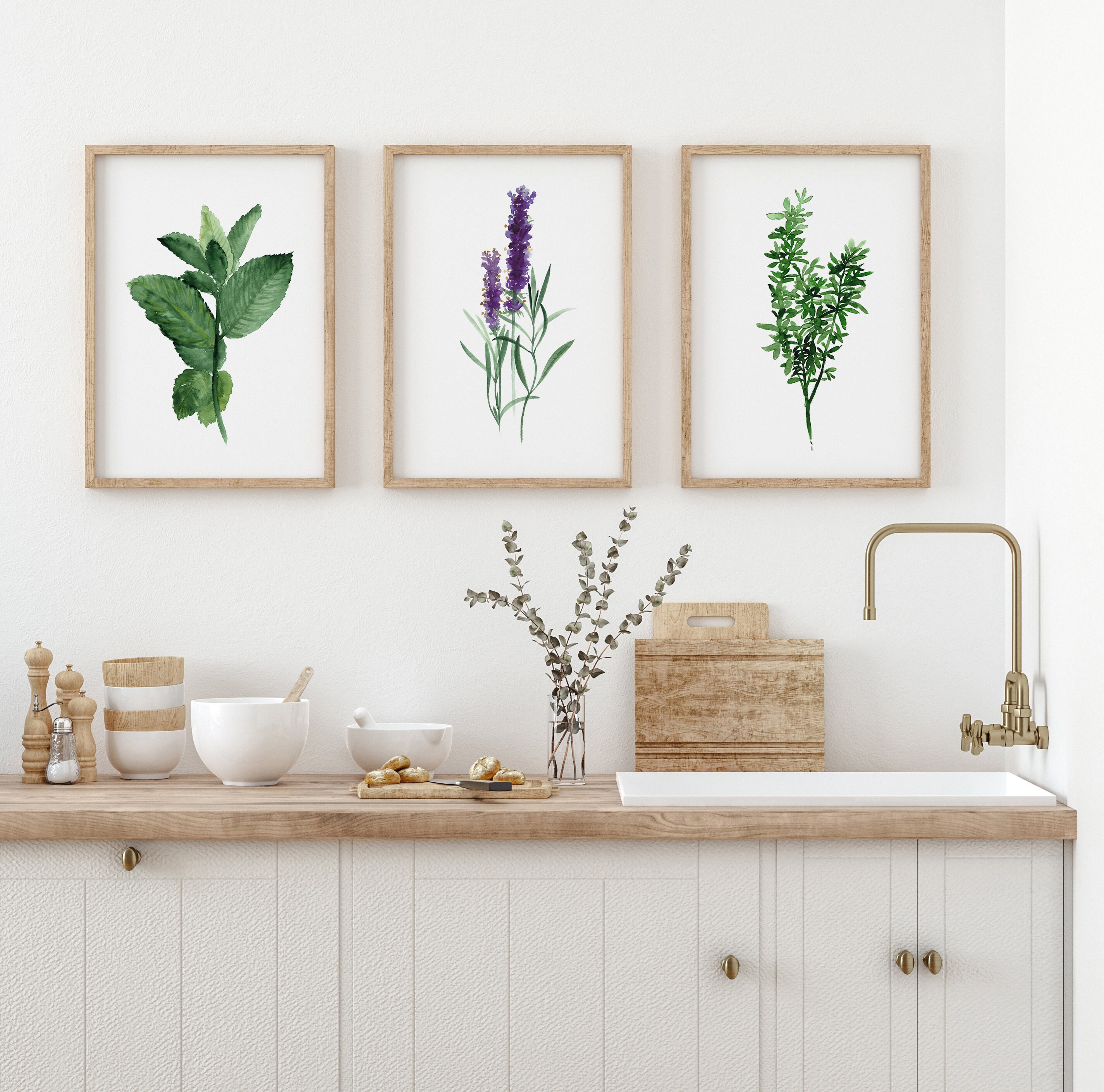Green Wall Art, Herbs Watercolor, Kitchen Poster, Lavender Botanical ...