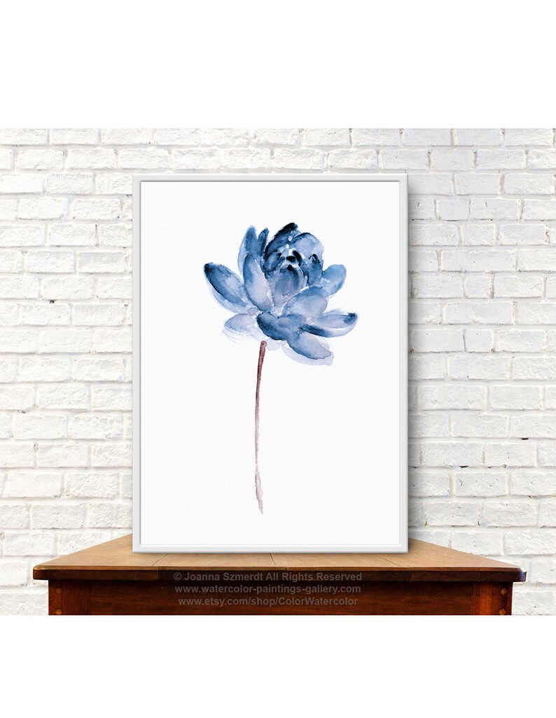 Blue Lotos Watercolor Painting Abstract Flower Home Decor Etsy
