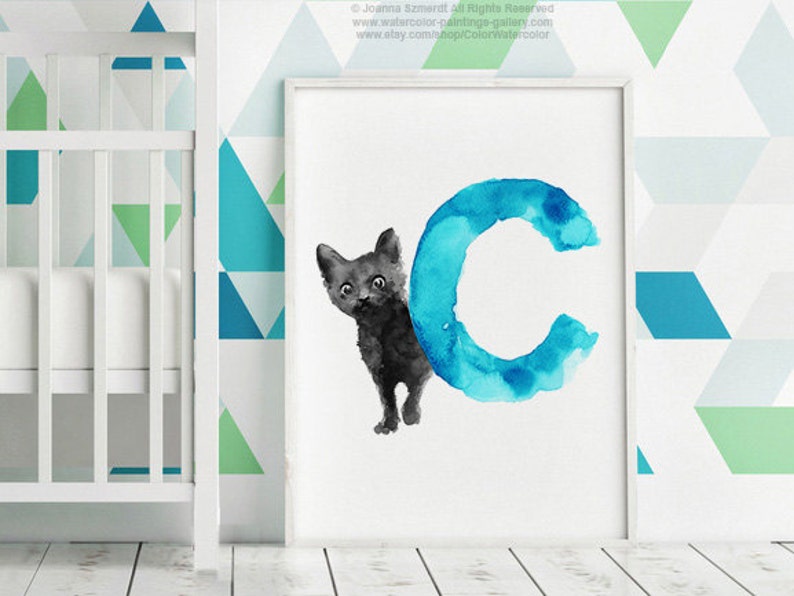  Black Cat Minimalist  Painting Kids Nursery Room Teal Etsy