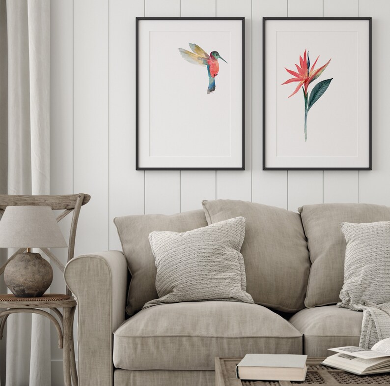 May include: Two framed watercolor prints, one depicting a hummingbird in flight and the other a red flower with green leaves, hanging on a white wall above a beige sofa with pillows.