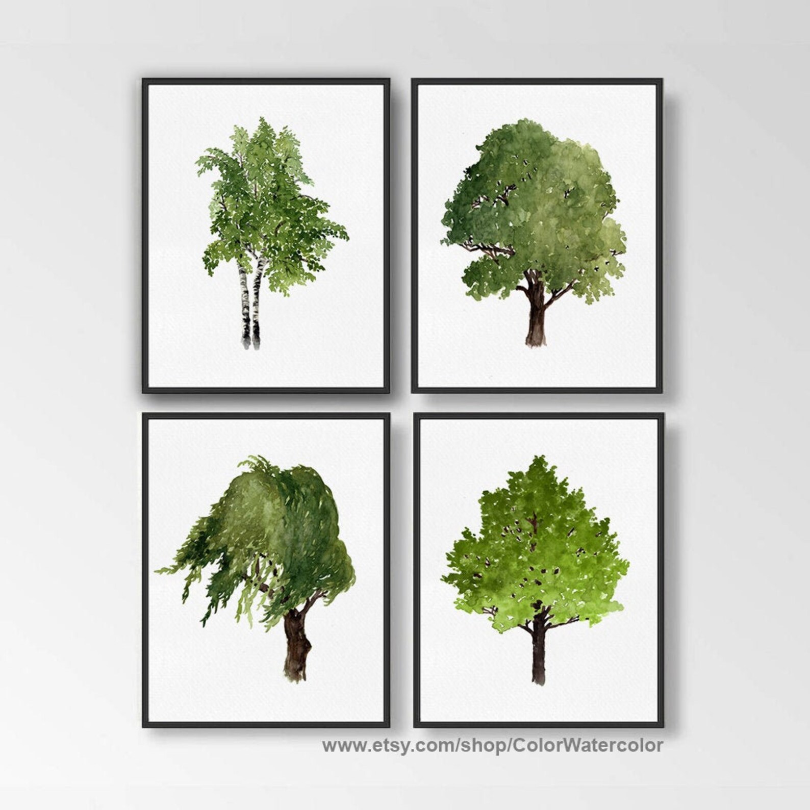 Tree Set of 4 Trees Home Decor Oak Tree Wall Decor Birch Etsy