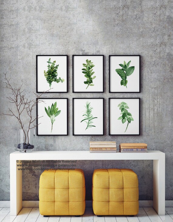 Kitchen Herb Print Green Wall Painting Watercolor Set 6 Herbs Etsy