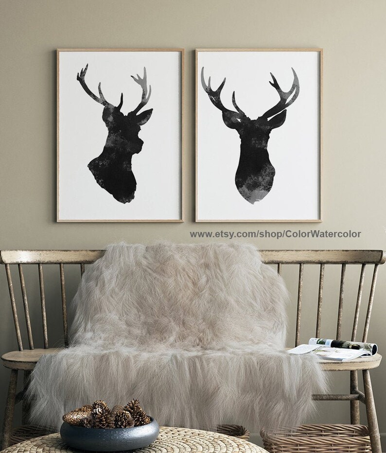 Deer Home Decor Antlers Wall Decor Deer Illustration Set of Etsy
