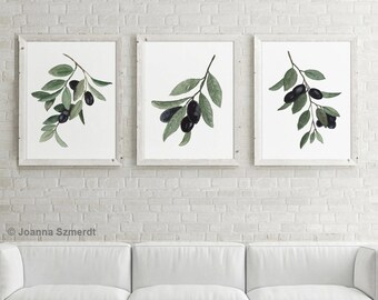 Olive Wall Art, Green Olive Print, Kitchen Wall Decor, Food Poster Abstract Art Print, Painting set of 3 Watercolor, Black Olive Artwork