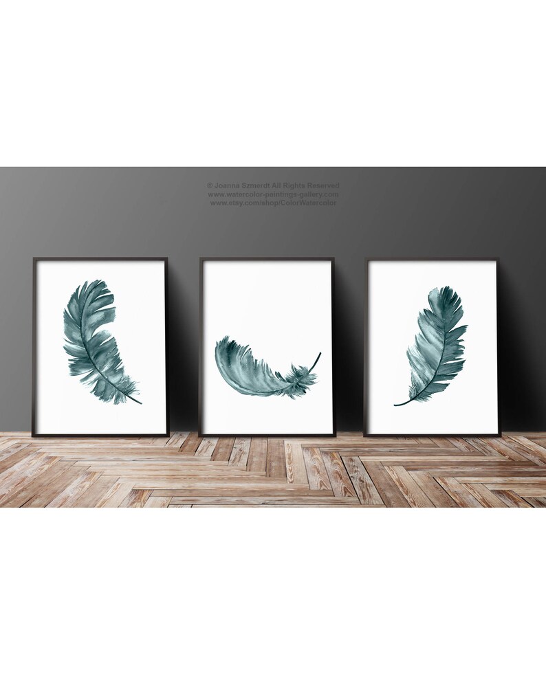 Feather Print Wall Art Feather Set of 3 Green Painting Three Etsy