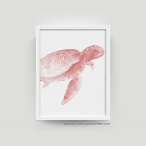 May include: A watercolor painting of a pink sea turtle. The turtle is swimming to the right and has a detailed shell.