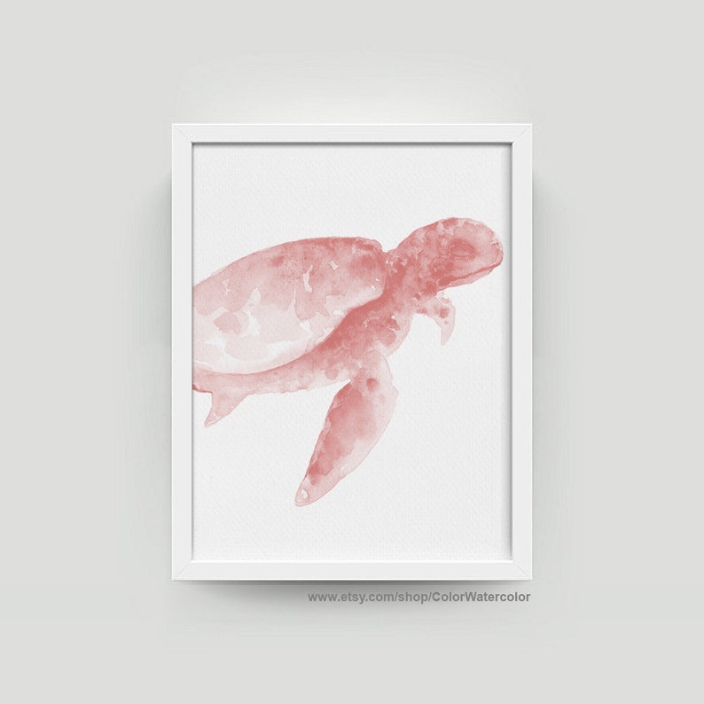 May include: A watercolor painting of a pink sea turtle. The turtle is swimming to the right and has a detailed shell.