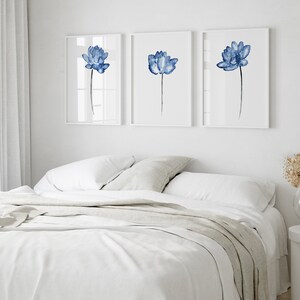 Lotus Painting, Blue Flower Watercolor, Minimalist Wall Decor, Modern Wall Art Abstract Painting Living Room Botanical Art Print set of 3 image 4