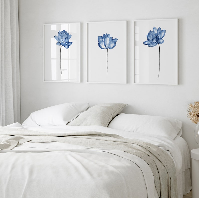Lotus Painting, Blue Flower Watercolor, Minimalist Wall Decor, Modern Wall Art Abstract Painting Living Room Botanical Art Print set of 3 image 4