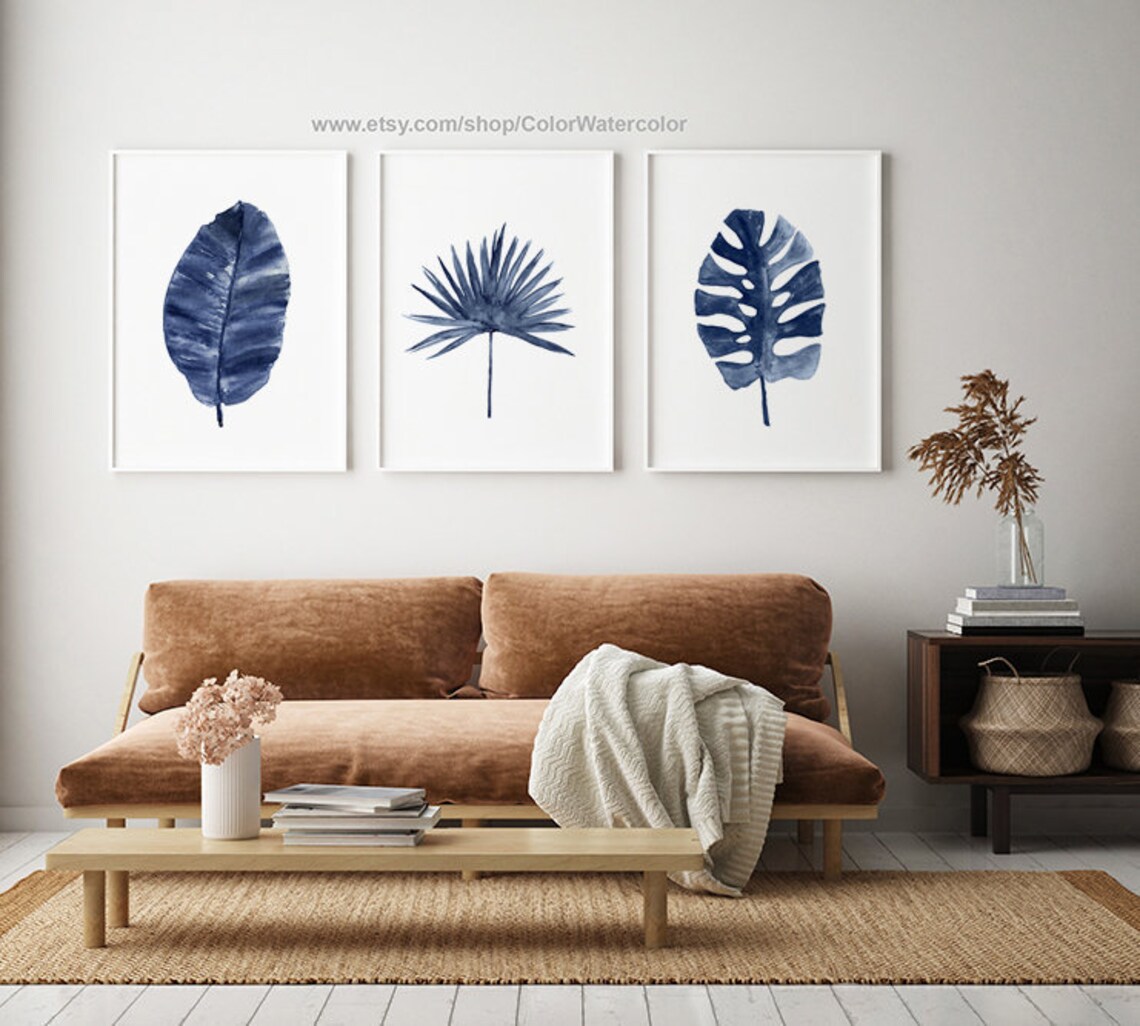 Palm Leaf Illustration Navy Blue Palm Tree Leaves set 3 Etsy