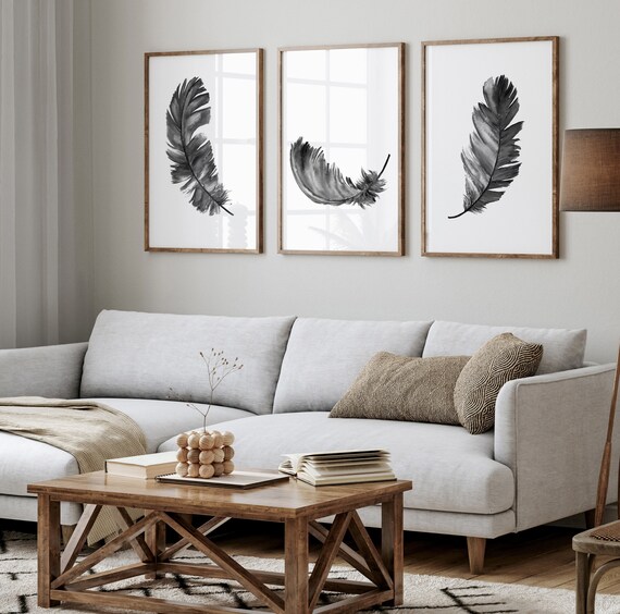 Feather Minimalist Decor, Abstract Art Print, Black and White Wall Art Modern Decor Extra Large Poster, Giclee Print set of 3 Canvas