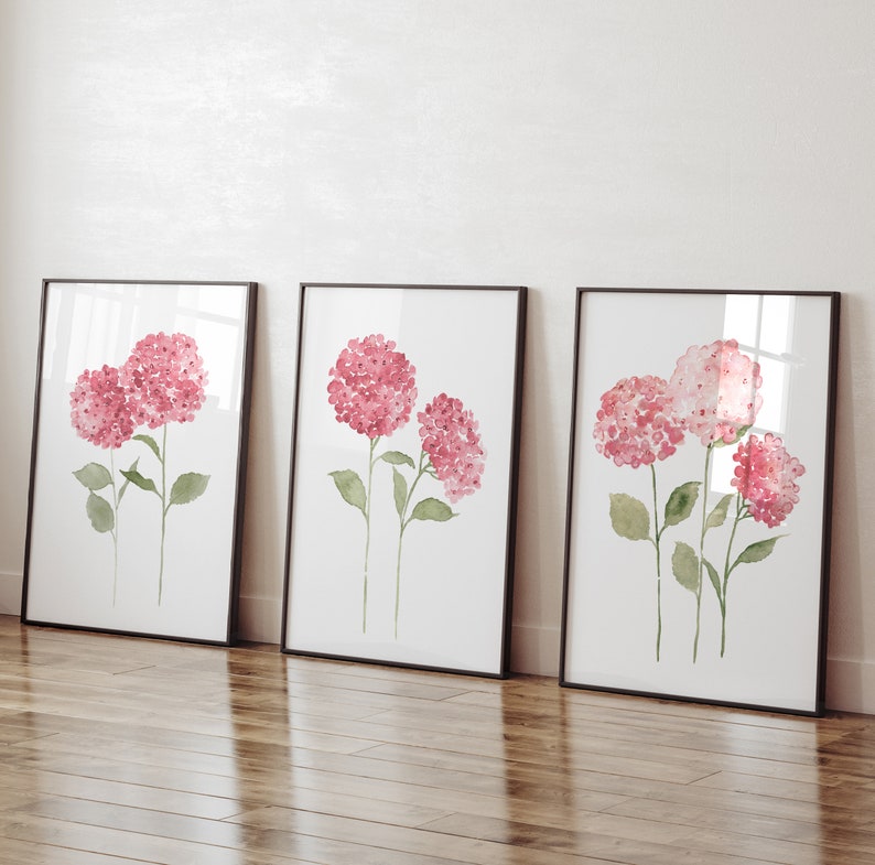 Hydrangea Wall Art, Pink Home Decor, Abstract Floral Poster, Set of 3 ...