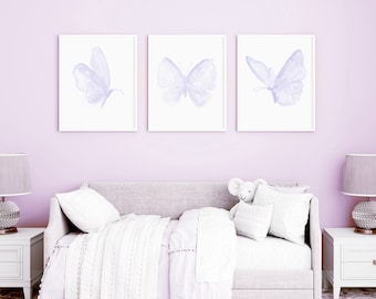 Set van 3 paarse vlinderprint, decor meisjesslaapkamer, vlinderkunstprint, vlinderskunst, decor vlinderkwekerij, vlinderkunst aan de muur