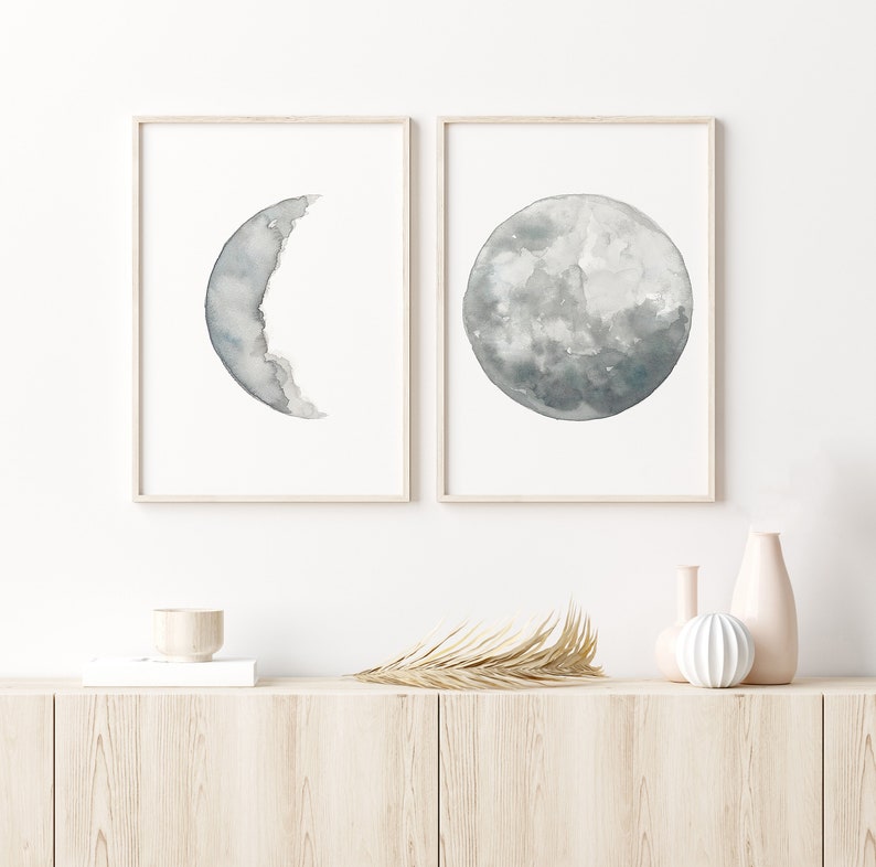 Moon Art Decor Full Moon Wall Art Set of 2 Moon Art Prints Etsy