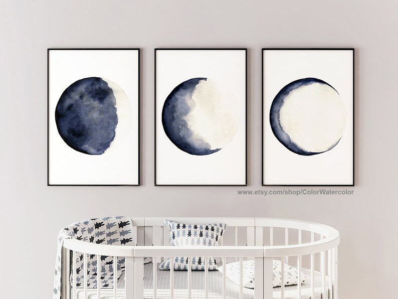 Moon Phase Art Small Moon Wall Art Moon Phase Decor Navy Etsy