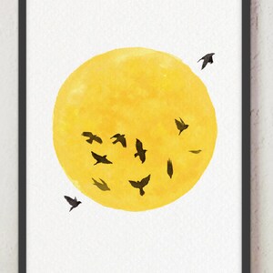 Impresión artística del sol, arte de pared del sol, decoración de pared amarilla y negra, póster moderno, pintura del sol y los pájaros, obra de arte de acuarela para sala de estar