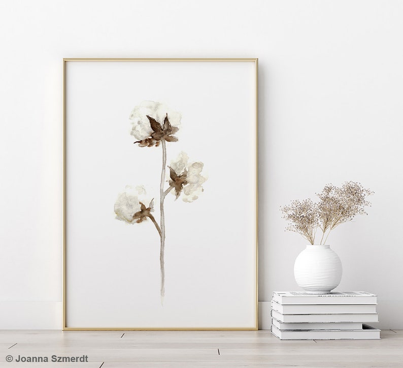 Natural Cotton Flower Watercolor Painting Brown White and Etsy