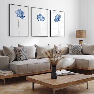 Lotus Painting, Blue Flower Watercolor, Minimalist Wall Decor, Modern Wall Art Abstract Painting Living Room Botanical Art Print set of 3 image 5
