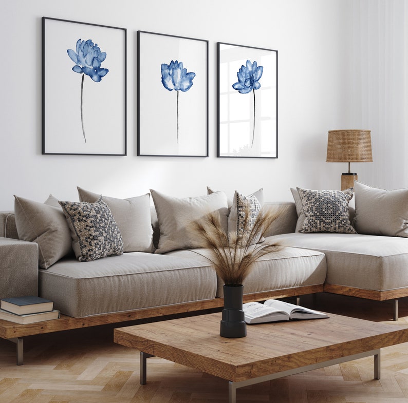 Lotus Painting, Blue Flower Watercolor, Minimalist Wall Decor, Modern Wall Art Abstract Painting Living Room Botanical Art Print set of 3 image 5