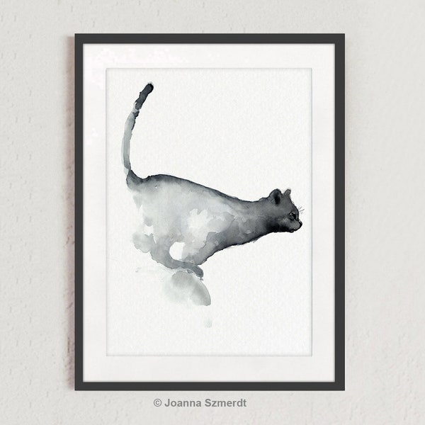 Abstract Cat Watercolor Print: Minimalist Gray Home Decor