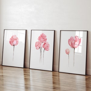 Peony Art Decor, Pink Floral Painting, Watercolor Painting Botanical Poster, set of 3 Prints Abstract Wall Art Modern Living Room Gift Idea