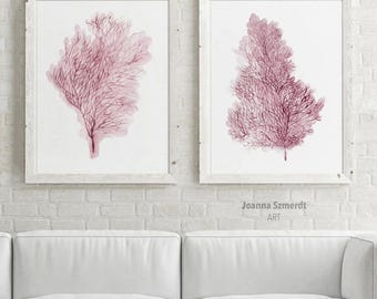 Mauve Coral Beach Painting, Coastal Ocean Purple set of 2 Prints, Seafan Premium Quality Canvas Poster