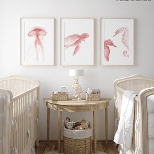 Juego de 3 impresiones artísticas de vida marina para guardería, impresión de arte de pared con caballito de mar rosa ruborizado, decoración de cuna para niñas, póster rosa ruborizado