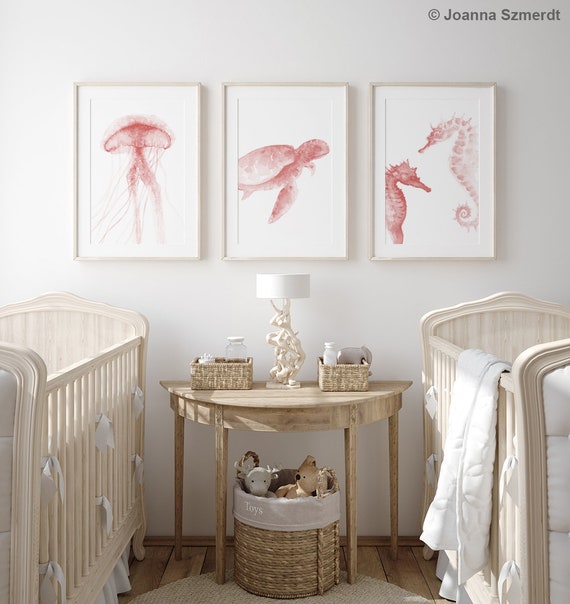 Sea Life Art Print Nursery Set of 3, Print Wall Art Seahorse Blush