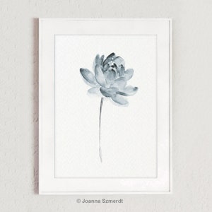 Lotus Painting, Blue Wall Decor, Botanical Watercolor Art, Gray Blue Lotus Flower, Minimalist Poster, Modern Art Print, Living Room Decor
