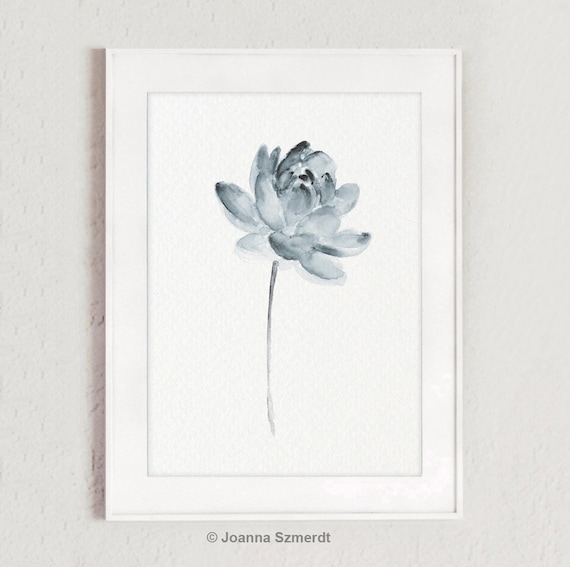 Lotus Painting, Blue Wall Decor, Botanical Watercolor Art, Gray Blue Lotus Flower, Minimalist Poster, Modern Art Print, Living Room Decor