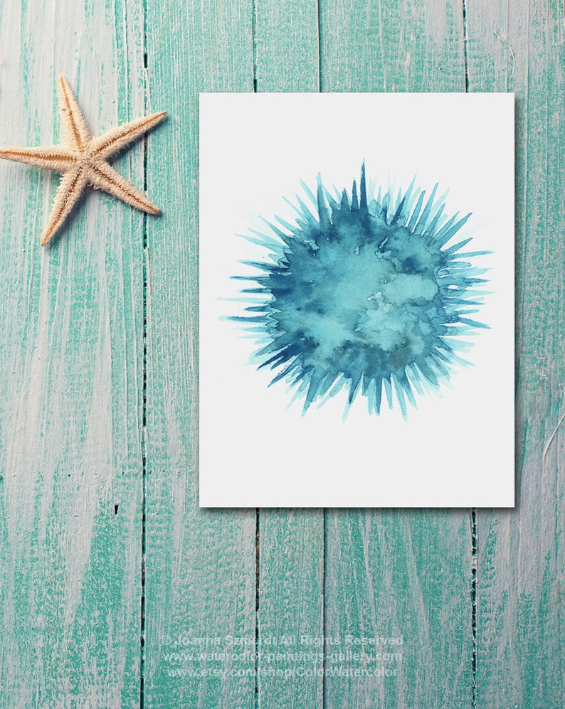 Sea Urchin Art Print Abstract Teal Silhouette Oceanic Etsy