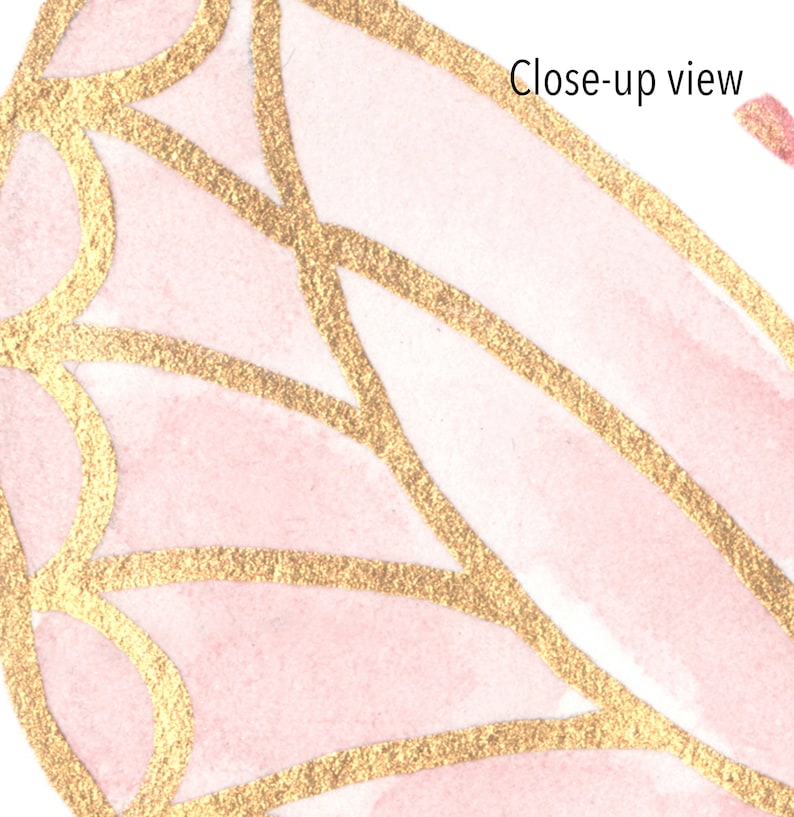 May include: Close-up view of a pink and gold butterfly wing with a delicate, intricate pattern. The wing is painted with a watercolor effect and has a shimmery gold outline.