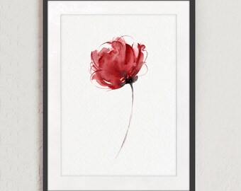 Aquarell Blume, botanische Kunstdruck, rote Blumen Wohnzimmer Dekor, Aquarell Malerei abstrakte minimalistische Mohn Kunst, Kinderzimmer-Wand-Dekor