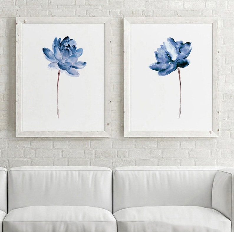 Lotus Print Wall Art, Lotus Set of 2 Flowers, Blue Print Painting, Water Flower Canvas Art Print Watercolor Painting image 1