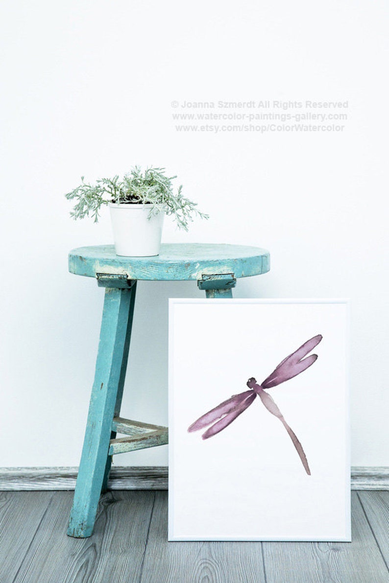 Dragonfly Purple Wall Art Abstract Watercolor Painting Etsy