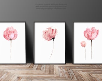 Peony Set of 3, Abstract Flower Peonies Art Print, Minimalist Painting, Pink Flower Nursery Decor