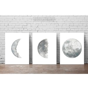 Canvas Moon set 3 Moon Phase Art Prints, Gray Silver Blue Illustration Phases of the Moon Halloween Wall Art Full Moon Drawing Wall Decor image 2